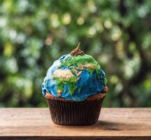 AI generated Cupcake with world map on wooden table over blurred green background photo