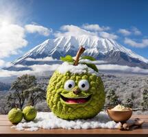 AI generated Funny custard apple with smiling face, fruit and Mt. Fuji background photo