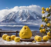 ai generado todavía vida con membrillo frutas y monte. fuji en el antecedentes foto