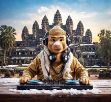 ai generado DJ mascota personaje jugando música en frente de angkor qué, Camboya foto