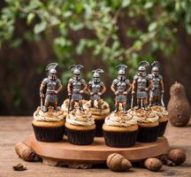 AI generated Tasty cupcakes with chocolate and nutcracker on wooden table photo