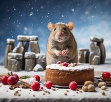 AI generated Brown rat with Christmas cake and Stonehenge background. photo