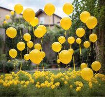 AI generated Yellow balloons and yellow marigold flowers in the garden. Holiday concept. photo