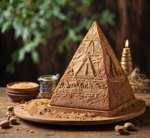 AI generated Chocolate cake in the form of a pyramid on a wooden background photo