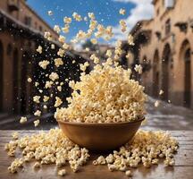 AI generated Popcorn falling into a bowl on a wooden table in the street photo