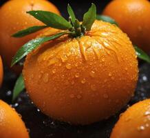 AI generated Fresh tangerines with water drops on black background, close up photo