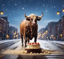 AI generated Cute bull with cake on the road in the city at night photo