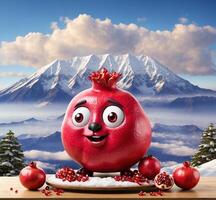 AI generated Pomegranate mascot character with eyes and mouth on wooden table and Mt. Fuji background photo