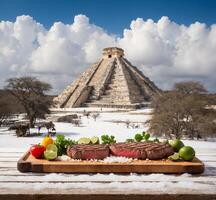 AI generated Grilled steak with lime and onion on wooden board with Chichen Itza pyramid in background photo