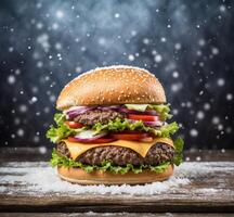 AI generated Hamburger on wooden table with snowflakes and falling snow photo