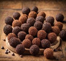 AI generated Chocolate truffles on wooden background. Selective focus. photo