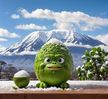 AI generated Funny green kaffir lime monster with snow and volcano on background photo
