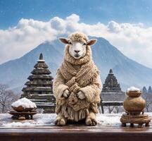 AI generated Sheep in the snow against the background of the temple and volcano. photo