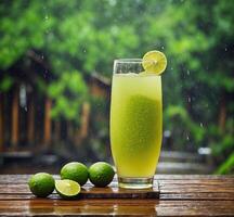 AI generated Lime juice in glass on wooden table with green bokeh background photo