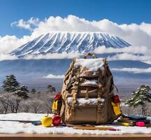 ai generado mochila y colegio suministros en el antecedentes de montar fuji, Japón foto
