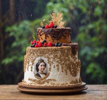 ai generado cumpleaños pastel con crema y bayas en un de madera mesa con lluvia foto