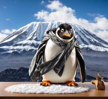 ai generado pingüino con un bufanda en el nieve en contra el antecedentes de el montaña foto