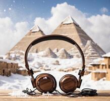 ai generado auriculares y pirámide de Khafre en el nieve, Egipto foto