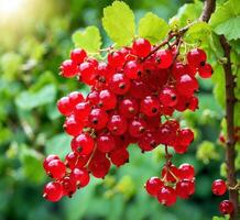 AI generated Red currant berries on a branch with green leaves in the garden. photo