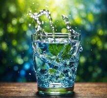 AI generated Fresh mojito in glass with splashes and drops on wooden background photo