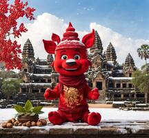 ai generado chino nuevo año concepto con rojo papel muñeca en frente de angkor qué, Camboya foto