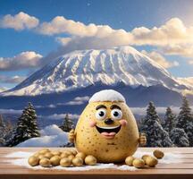 ai generado sonriente patata personaje con nieve y monte. fuji en el antecedentes. foto