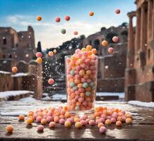 AI generated Colorful candies falling into a glass with colosseum in background photo