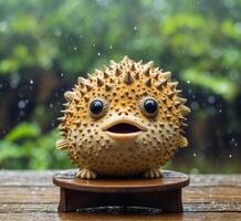 AI generated Funny puffer fish with funny face on wooden plate in rainy day photo