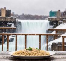 AI generated Dry instant noodles with parsley on the background of a waterfall photo