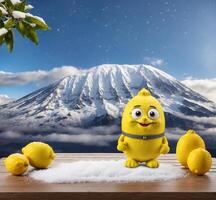 ai generado limón mascota en el nieve con monte fuji en el antecedentes. foto