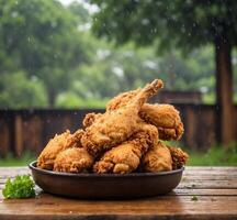 AI generated Fried chicken legs in a plate on a wooden table in the rain photo