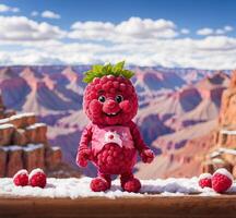 AI generated Cute raspberry mascot with raspberry on the background of the Grand Canyon photo