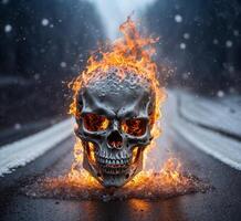 AI generated Burning skull on the road with snow and fog. Halloween concept. photo