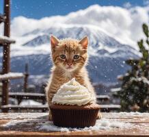 ai generado jengibre gatito con magdalena y nieve en antecedentes de Nevado montaña foto