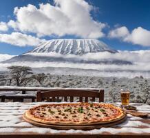 ai generado Pizza en un de madera mesa con un vaso de cerveza en el antecedentes de el volcán. foto