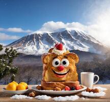 AI generated Funny toast with whipped cream and fruits on wooden table against mountain background photo