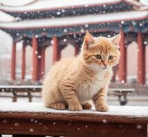 ai generado jengibre gato sentado en el nieve en chino templo con nevada foto