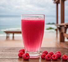 AI generated Glass of raspberry smoothie with fresh raspberries on wooden table photo