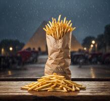 AI generated French fries in paper bag on a wooden table in the rain. photo