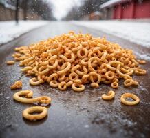 ai generado pila de crujiente maíz anillos en un Nevado calle en invierno foto