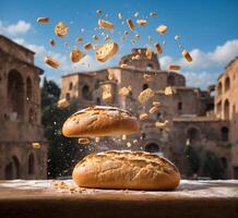 ai generado volador un pan en de madera mesa en frente de coliseo, Roma, Italia foto