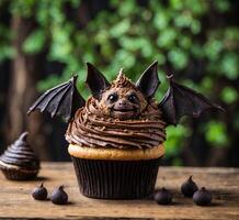 AI generated Halloween cupcakes with bat shape on wooden table, selective focus photo