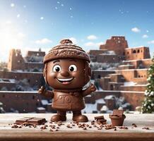 AI generated Chocolate boy on the background of the ancient city in winter. photo