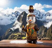 AI generated Snowman with a bottle of water on the background of the mountains photo