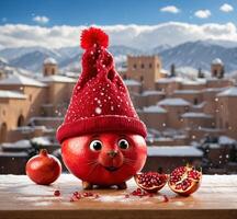 AI generated Funny pomegranate mascot with red hat on snow in winter photo