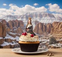 AI generated christmas cupcake with queen on wooden table over beautiful mountain background photo