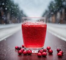 AI generated Cranberry smoothie in a glass with ice on the street photo