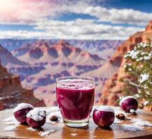 AI generated Glass of mangosteen smoothie on table in Grand Canyon National Park, Arizona, USA photo