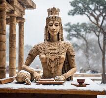 ai generado estatua de un mujer con un taza de café en el nieve. foto