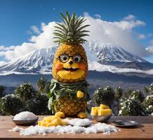 ai generado piña personaje con nieve y Monte Fuji en antecedentes foto